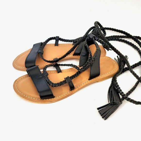 Asos Flat Black Braided Lace Up Sandals Size 6 Strappy Boho Bohemian Festival - Picture 4 of 12
